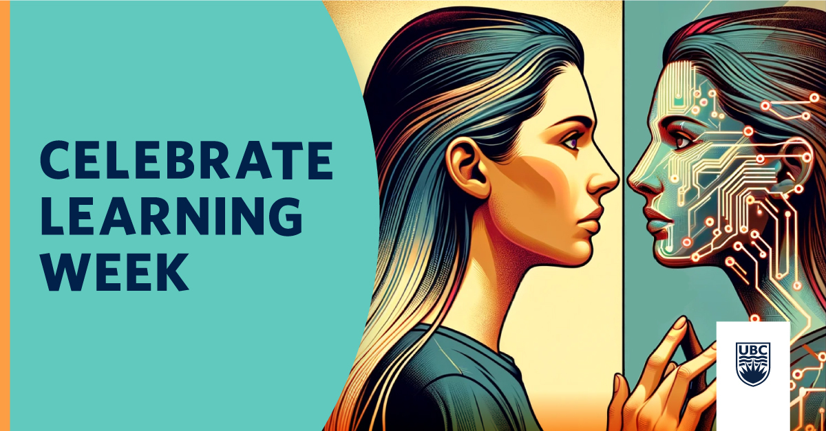 A generated image of a woman with long dark hair face-to-face with a reflection of herself; however the reflection is a digital representation of herself. The text overlay reads: Celebrate Learning Week